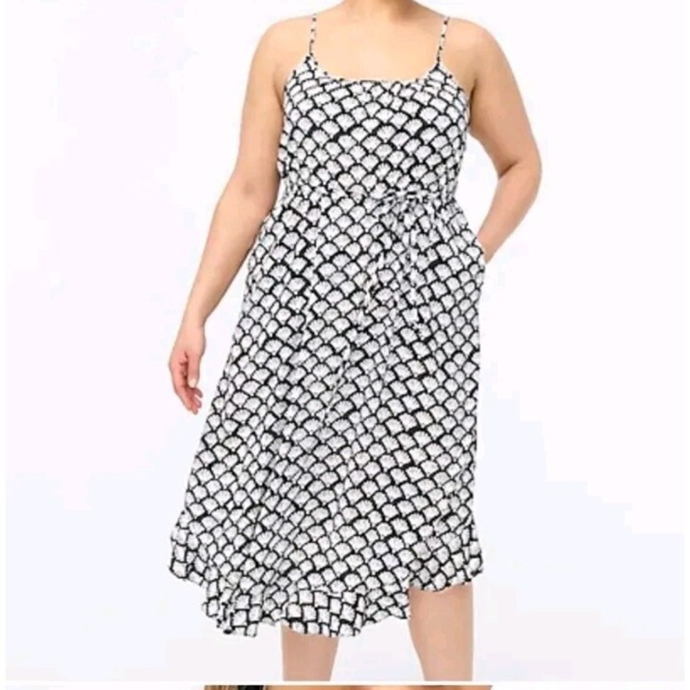 J. Crew Womens Ruffle Midi Dress with curved hem Black White 20 Plus Tie‎ Waist